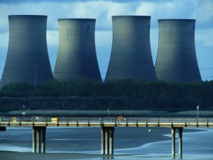 A nuclear power plant behind a road bridge